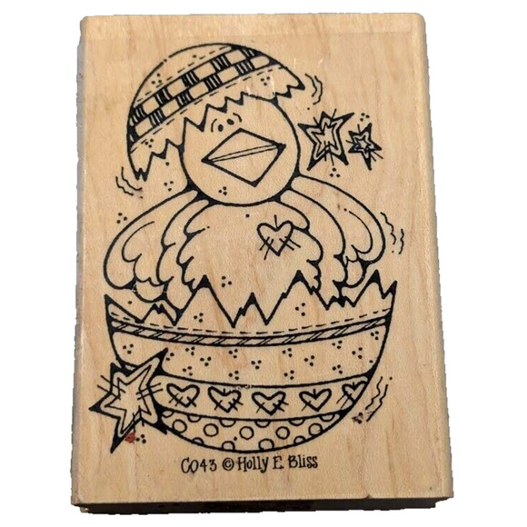 Holly Bliss Chicken Hatched Egg Easter Stars Rubber Stamp Wood #i26 - Picture 4 of 4
